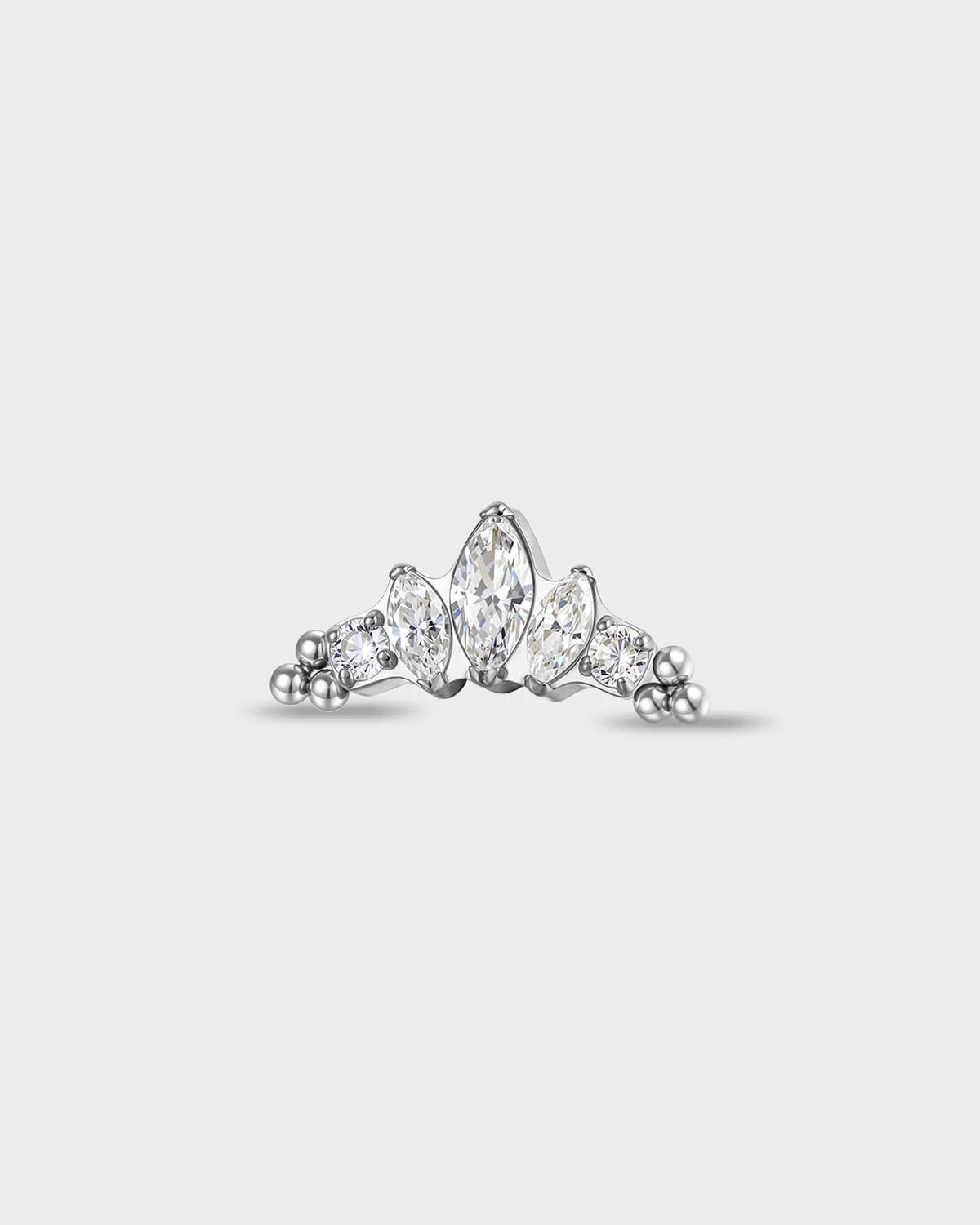 Polished titanium earring with three marquise-cut clear stones set between two round-cut clear stones, finished with three polished bead details at each end on a light gray background.