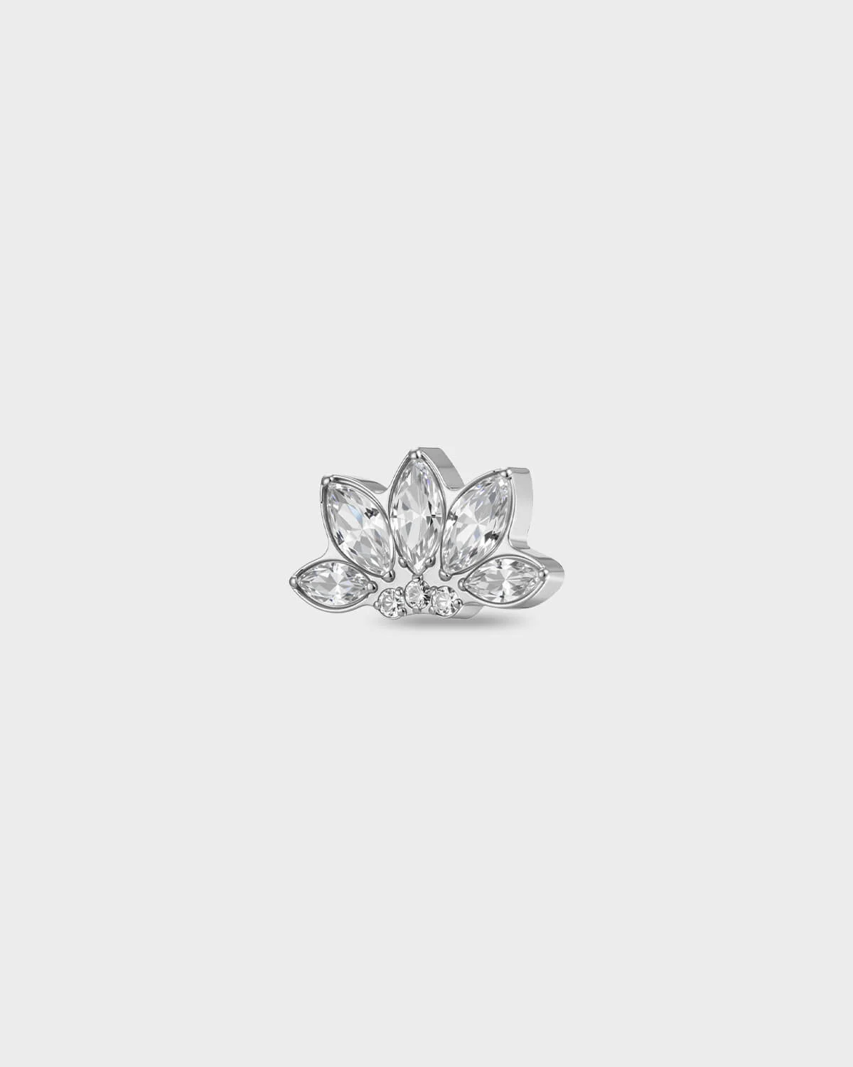 Polished titanium earring with five marquise-cut clear stones and three small round-cut clear stones set in a low, crown-style cluster, on a light gray background.