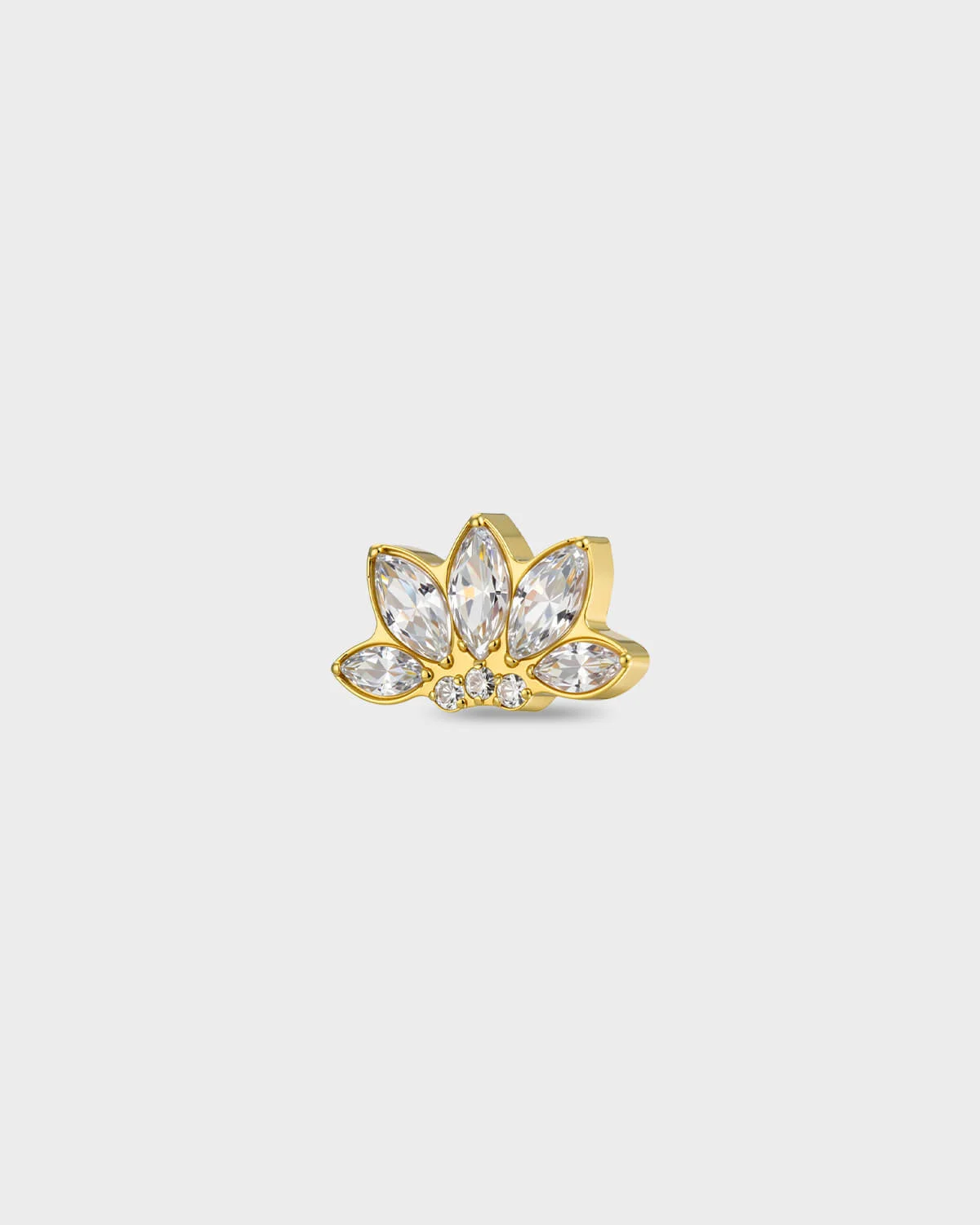 Gold titanium earring with five marquise-cut clear stones and three small round-cut clear stones set in a low, crown-style cluster, on a light gray background.
