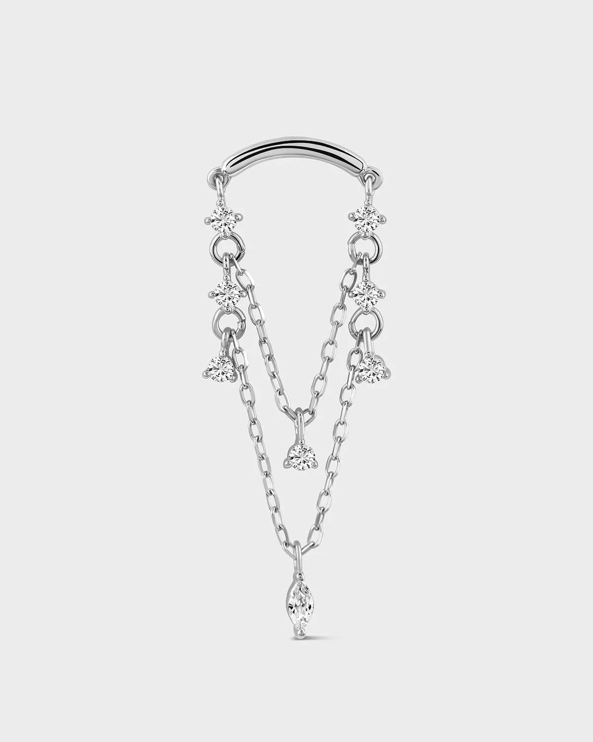 White Gold hidden helix jewellery with double chain and diamond-like stones on a light gray background