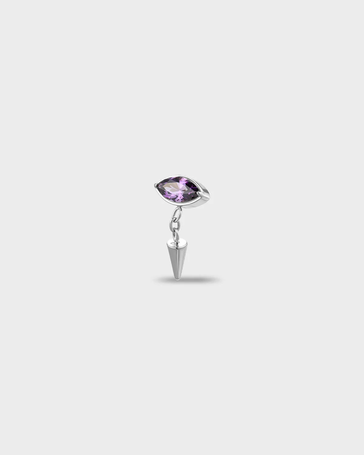 Polished titaniumearring with a marquise-cut purple stone and a short chain dangle finished with a polished spike, on a light gray background.